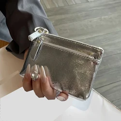 Silver zipper small wallet for women. Top layer cowhide mini pouch. Cracked texture key bag. Card holder. Coin purse.