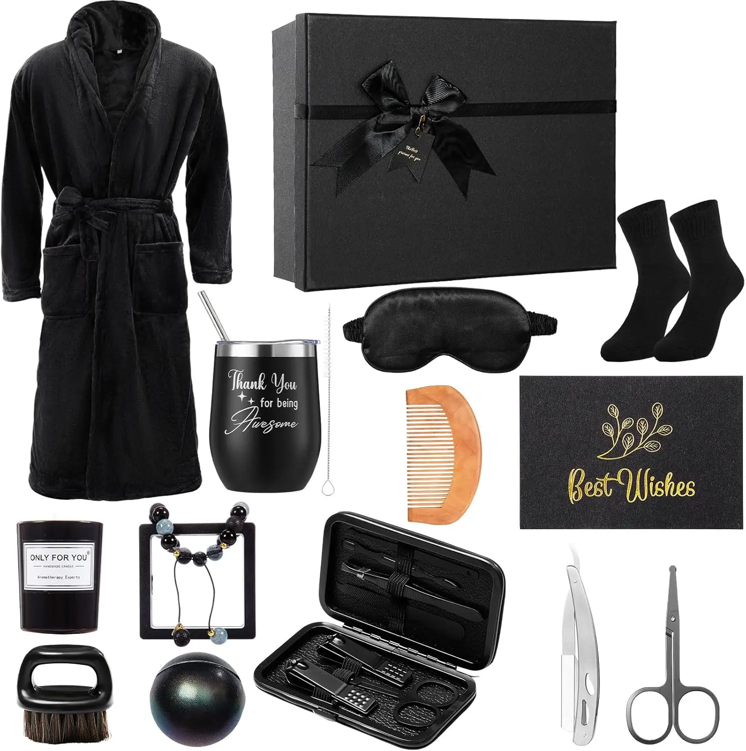 

Набор из 15 предметов для мужчин: подарок на день рождения с набором для ухода за бородой, стаканом и халатом для папы, мужа, парня - черный