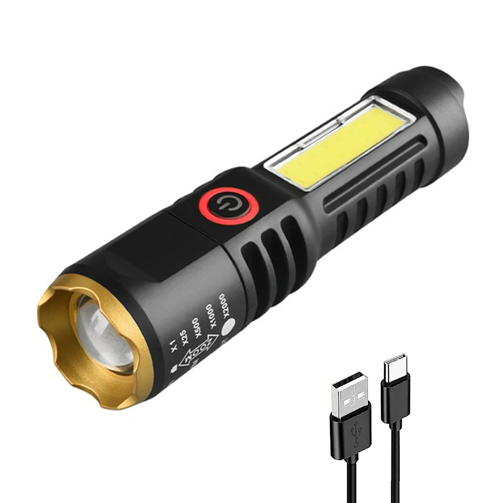 Waterproof Torch Light Telescopic Zoom XPE COB LED Camping Flashlight Type-C USB Charging Hiking Flashlight 4 Modes for Fishing