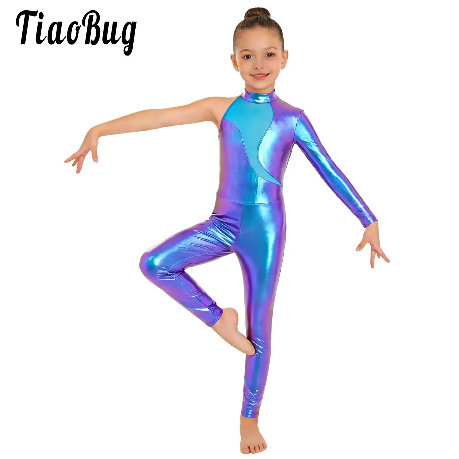 

Kids Girls Gymnastics Rhythmic Leotard Jumpsuit One-piece Dance Performance Costume Metallic One Sleeve Full Length Leotards