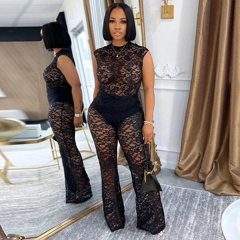 

BKLD Solid Color New Y2k Clothes Women Lace Sleeveless Bodysuits Tops And Flare Pants Two Piece Sets Sexy Night Club Outfits