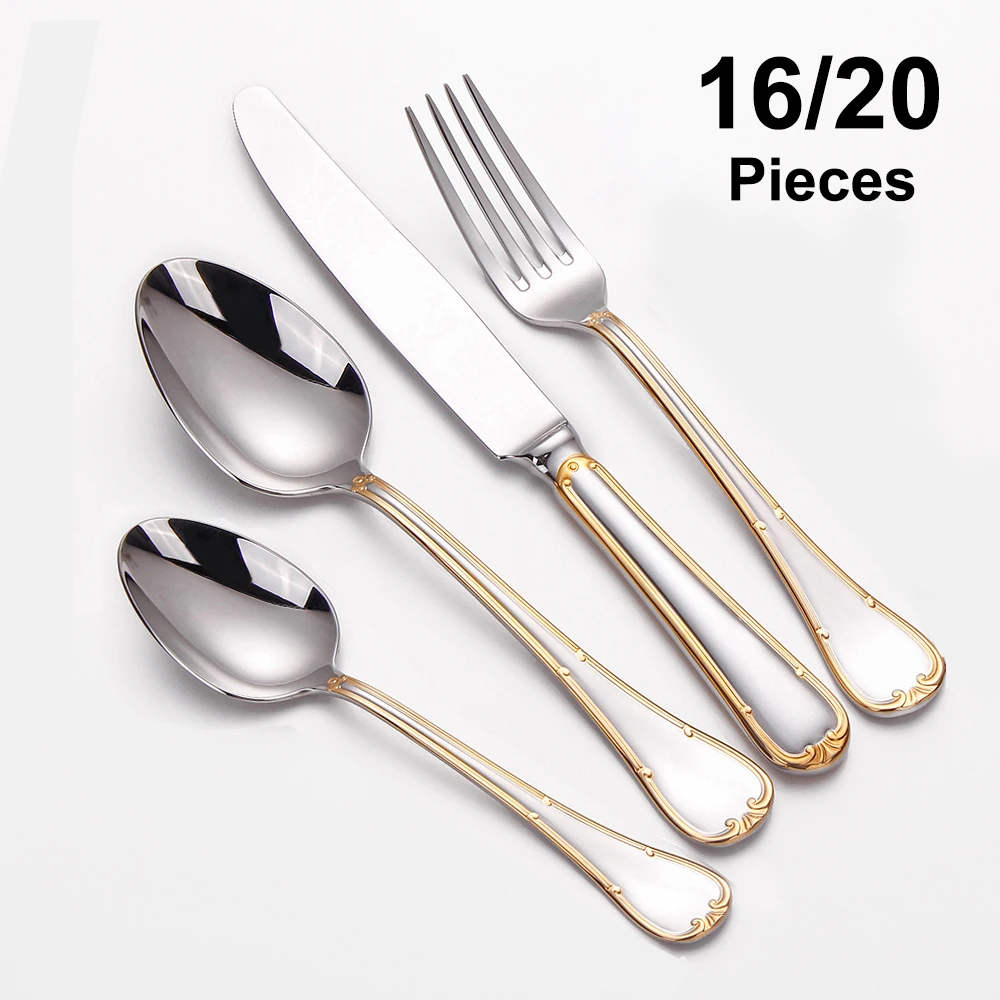 4/8/12/16/20pcs Gold Cutlery Western Tableware Stainless Steel Dinner Set Mirror Sliver Knife Fork Spoon Set Dishwasher Safety