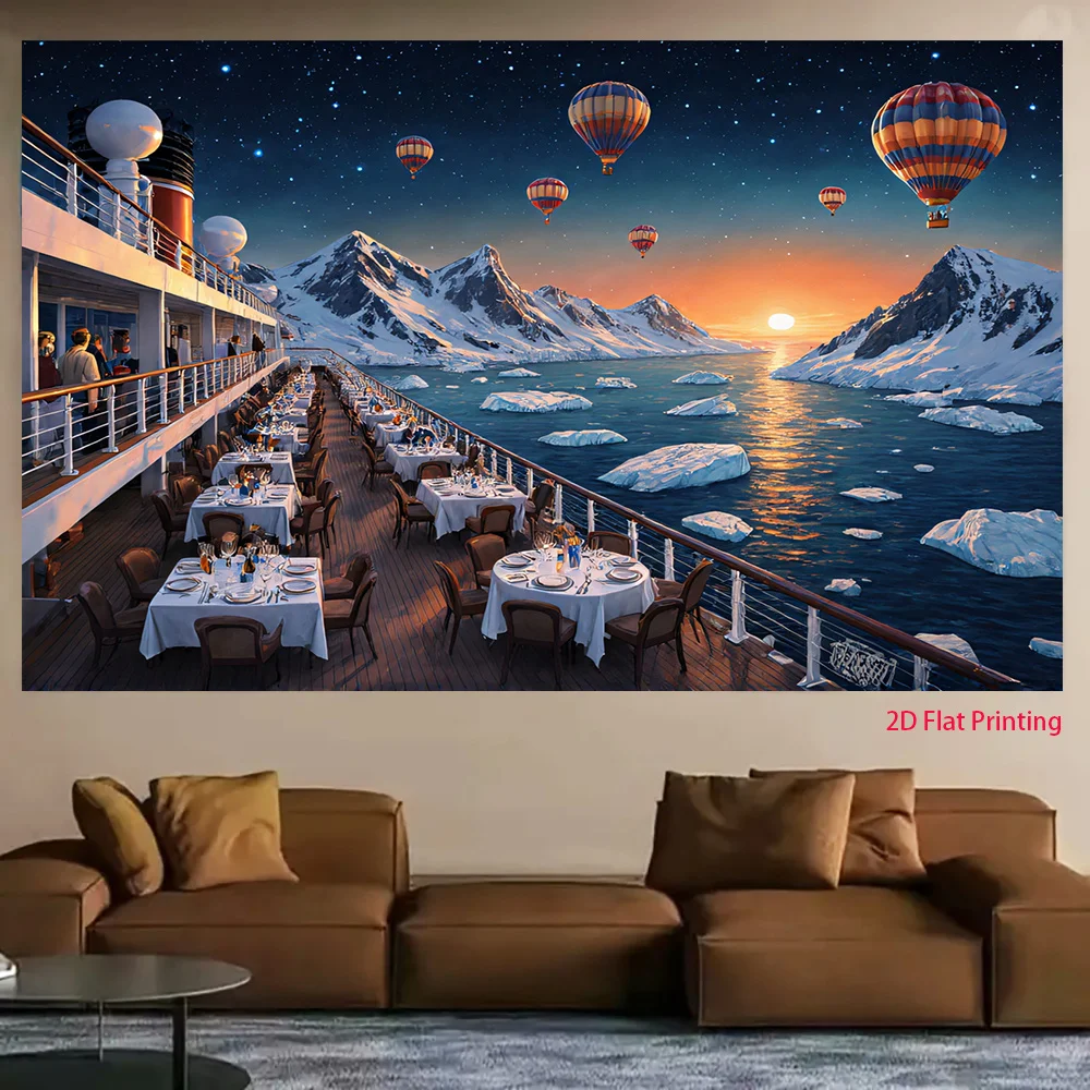 Romantic Arctic Landscape Wall Tapestry Mural Hot Air Balloon Fjord Sunset Dinner Scene Nordic Home Decor Print