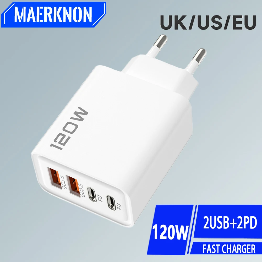 Carregador USB rápido de 120W com 4 portas, QC3.0, Tipo C, adaptador de parede PD com plugue EU/US/UK para iPhone, Samsung, Xiaomi, Huawei