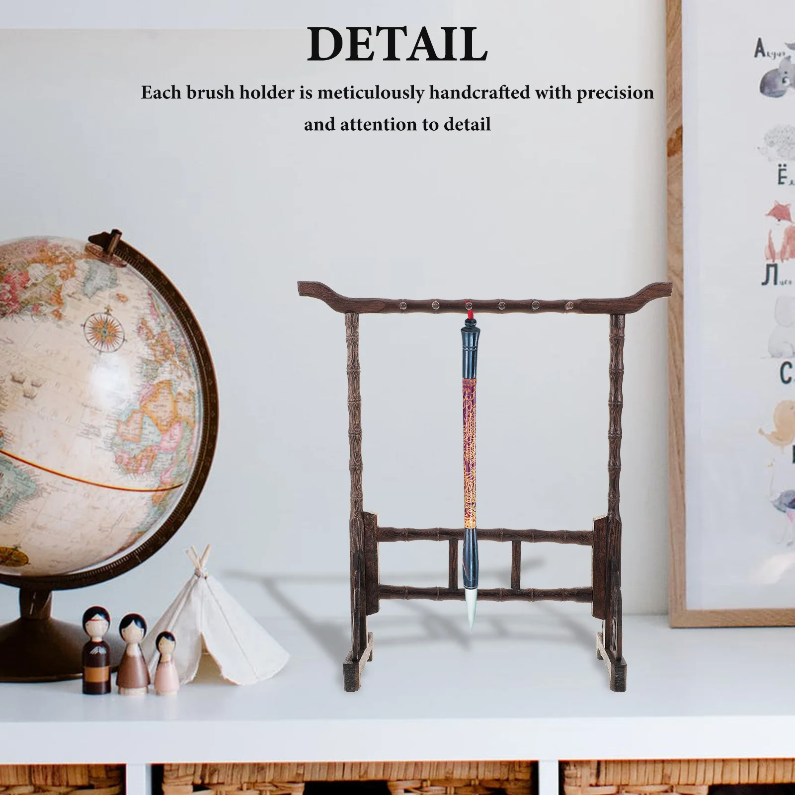 Calligraphy Brush Holder Bamboo Pen Hanging Rack 12-Pen Capacity Handcrafted Desktop Display Stand for Office School Decor