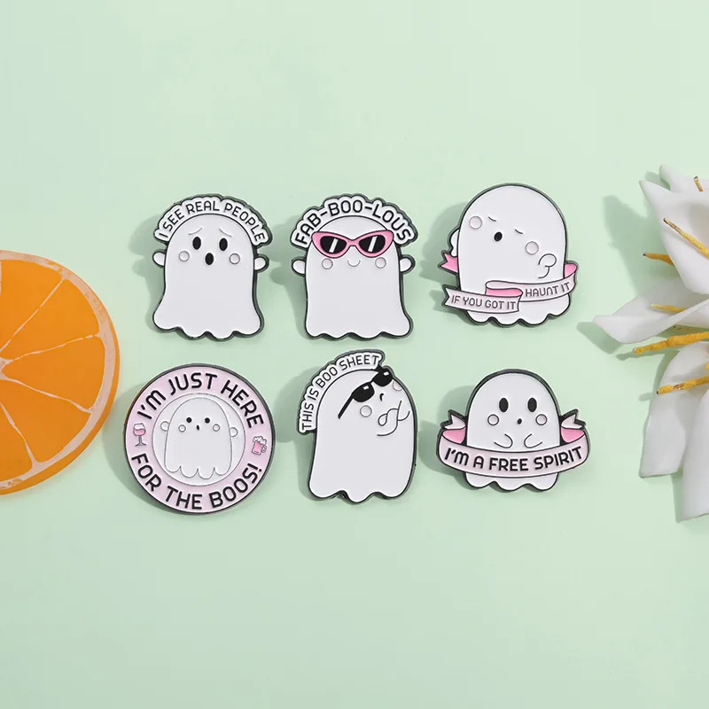 Cartoon Cute Ghost Enamel Pins I'm A Free Spirit This Is Boo Sheet Brooches Lapel Badge Halloween Spooky Jewelry Gifts Wholesale