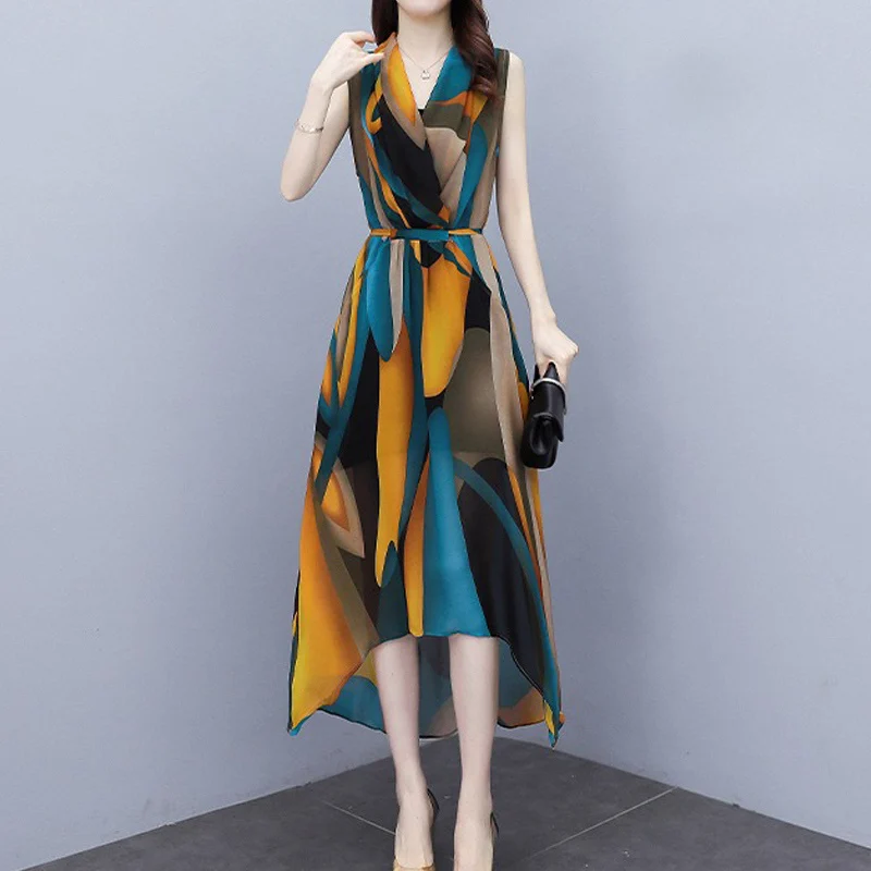 

2022Summer Korean Fashion Sleeveless Print V Neck Lace Up Elegant Party Ladies Dresses Women Slim Irregular Midi Dresses Vestido