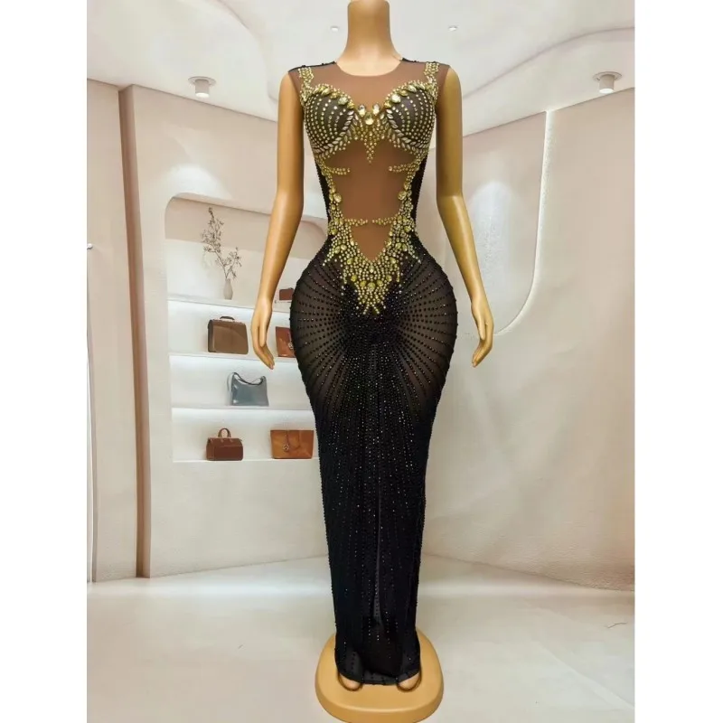 여성을위한 골드 블랙 라인 석 민소매 롱 드레스 섹시한 생일 축하 저녁 댄스 파티 사진 촬영 가운 공연 의상