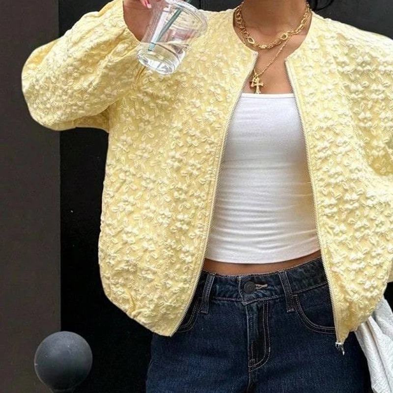 

2025 Fashion Jacquard Zipper Loose Short Jacket Women's Elegant O-neck Street Coats Spring Autumn Casaul Loose Yellow Outercoat