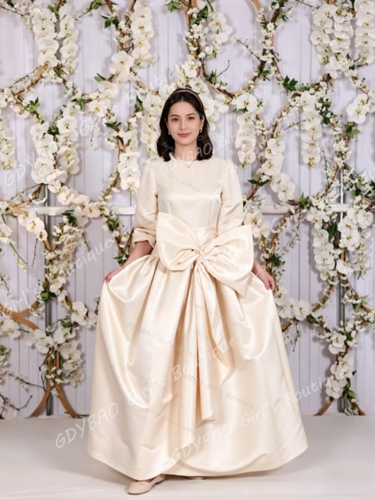

Women's Satin Pleated Bridesmaid Dress Overlapping Seven Quarter Sleeve Large Bow Floor Dress Wedding Party Banquet Ball Dress