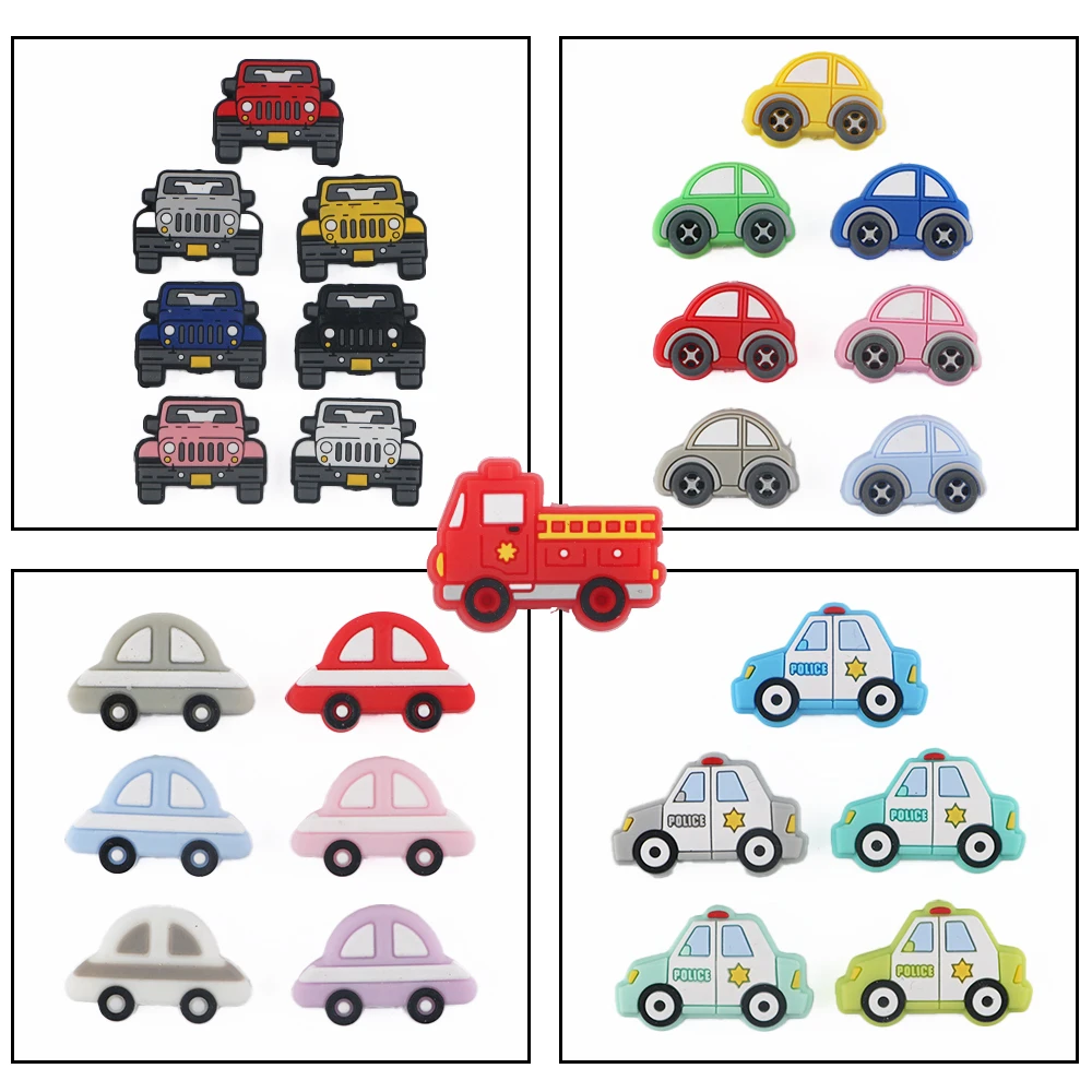 8pcs/lot Fire Truck Jeep Car Police Car Shape Silicone Focal Beads DIY Accessories for Bracelet Necklace Jewelry Making