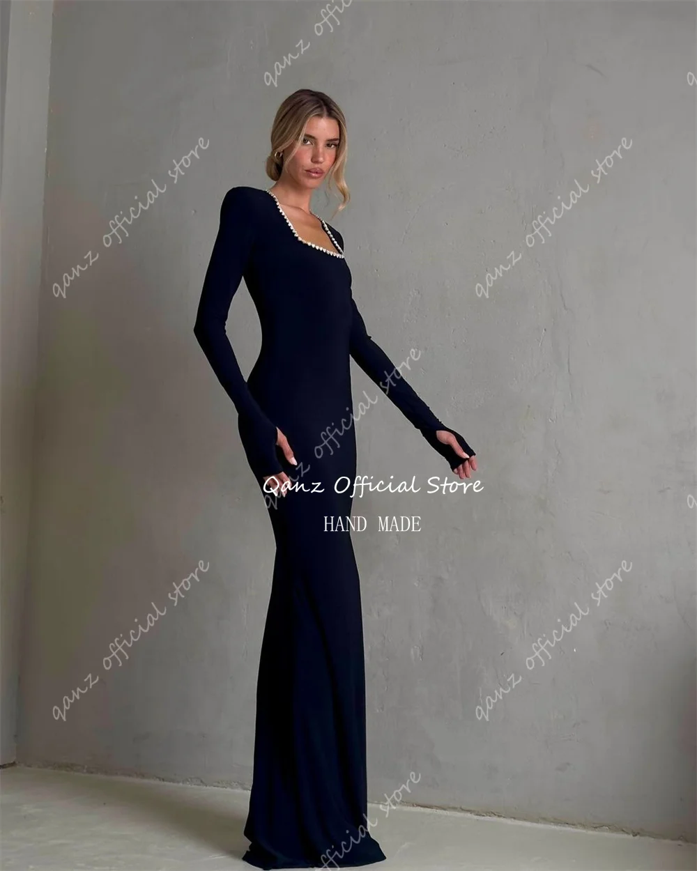 Qanz Moderne schwarze Abendkleider, Kristall, lange Ärmel, Meerjungfrau, schmal geschnitten, Vestidos De Noche, formelles Anlasskleid, individuell gestaltet