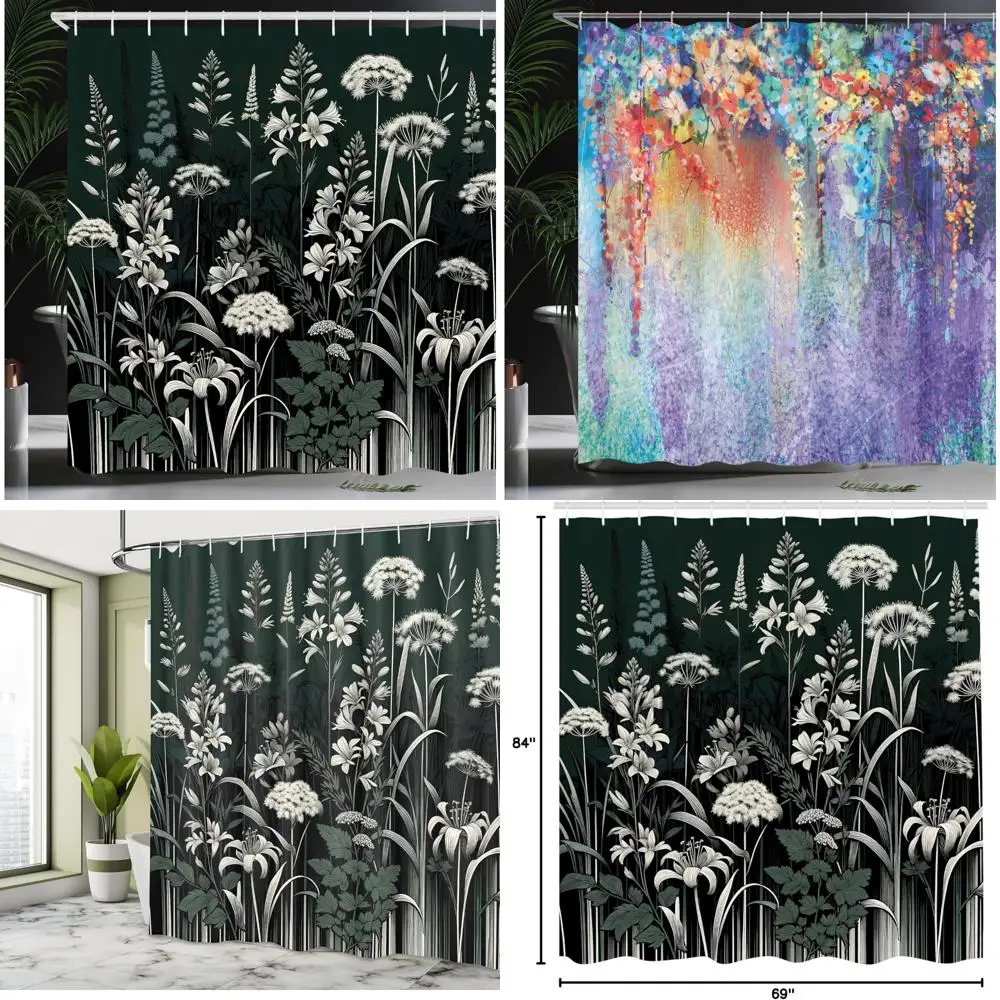 

eco-friendly green shower curtain with vintage wildflower meadow art pattern