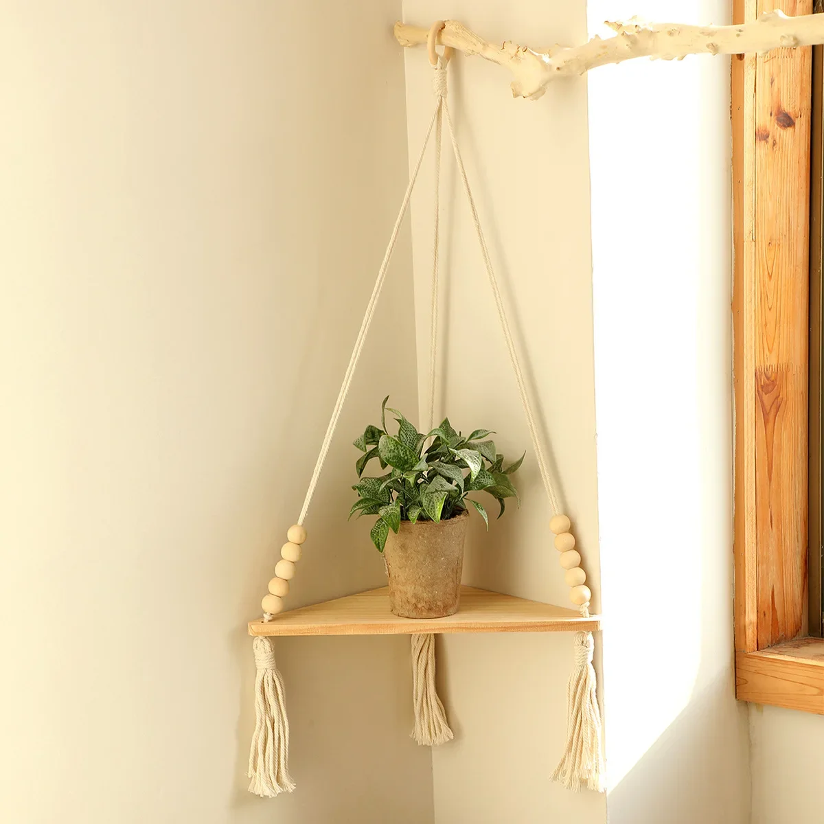 

Organizer wooden beads tassel hand-woven shelves triangular wooden board home flower pots wall decorative wall hangings