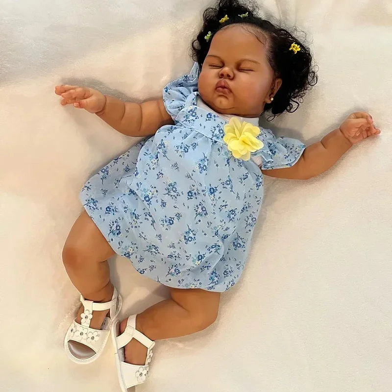 60CM Pickle Dark Skin Sleeping in Soft Cloth Body Lifelike Reborn Toddler Hand Rooted Hair Cuddly Baby Girl Doll Baby