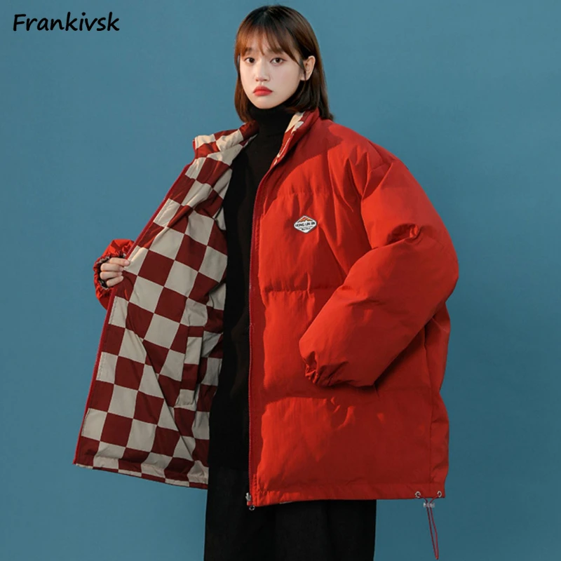 Double Sided Parkas Women Baggy Thicken Plaid Warm Outwear New Year Casual Winter Comfortable High Street Gentle Versatile Girls