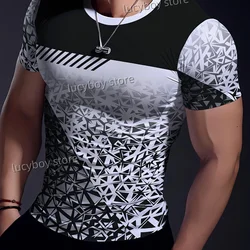 2025 Mens Gym T Shirt Geometric Color Blocks Printing Sports Gym Short Sleeve Tees Quick Drying Running Men Oversized Clothing