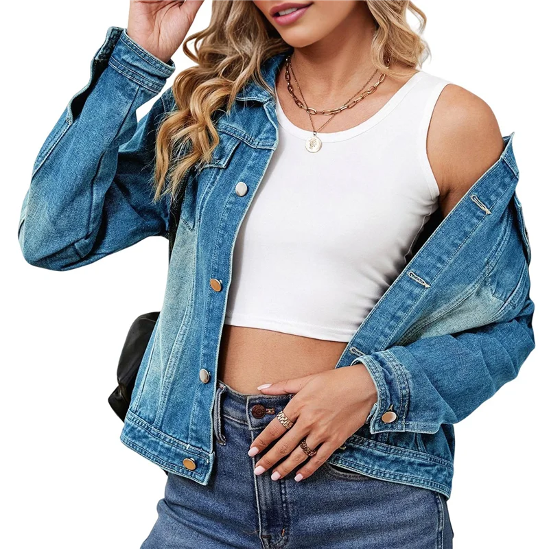 ABRT-Female Basic Button Down Stretch Fitted Long Sleeves Denim Jean Jacket