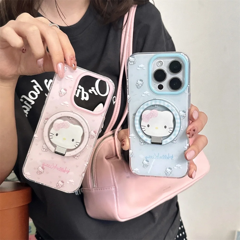 

Cute Cartoon Hello kitty Phone Case For iPhone 13 14 15 16 Pro Max INS Y2K With Stand Lovely Shockproof Protective Back Cover