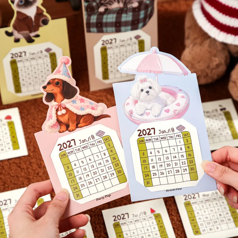1Pcs Party Puppy White Card Monthly Calendar, 2027 Dog Party Mini Calendar Card for Journal Album DIY Craft Projects