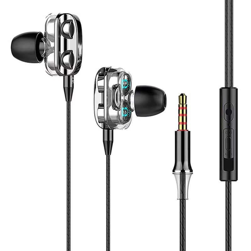 Universal 3.5mm Wired Headphone With Mic TWS Dual Driver Coil Earphone In Ear Earbuds Bass HiFi Headset For Sports Fitness Music