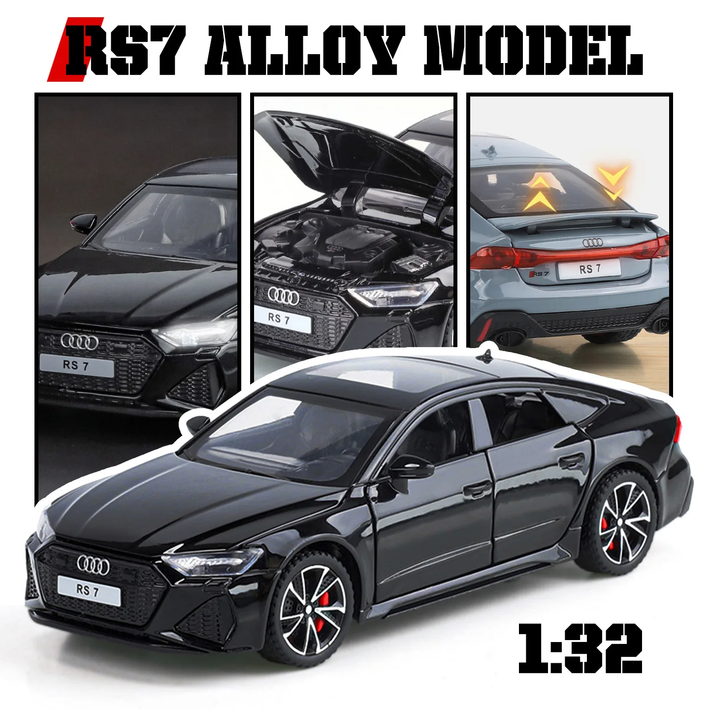 1/32 escala rs7 modelo de carro brinquedo liga diecast alta simulação com som e luz puxar para trás veículos brinquedos para crianças presentes natal