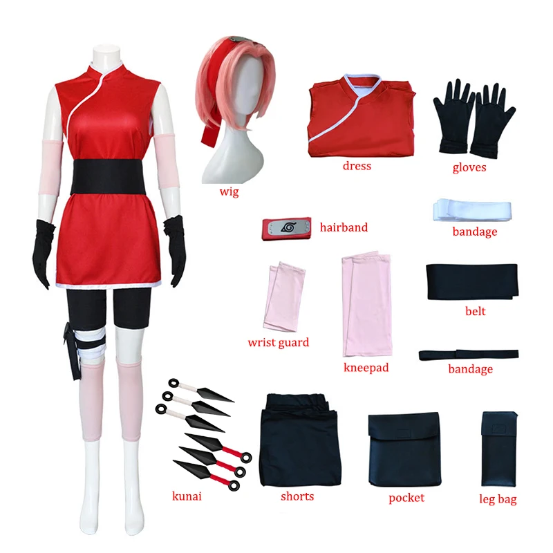 Haruno Sakura Cosplay Costume Wig Women Girls Skirt Outfit Ninja Headband Kunai Anime Halloween Carnival Convention Party Suit