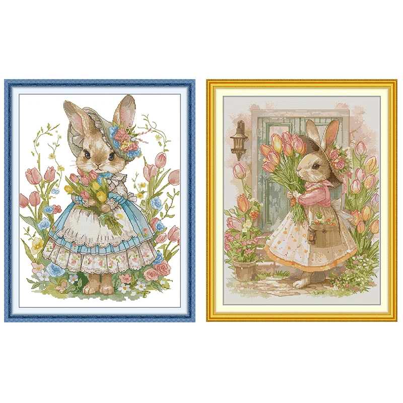 Tulips and Rabbits Cartoon Animal Patterns Cross Stitch Embroidery 14 16 11ct Canvas Printed Fabric Needle and Thread Sewing Set