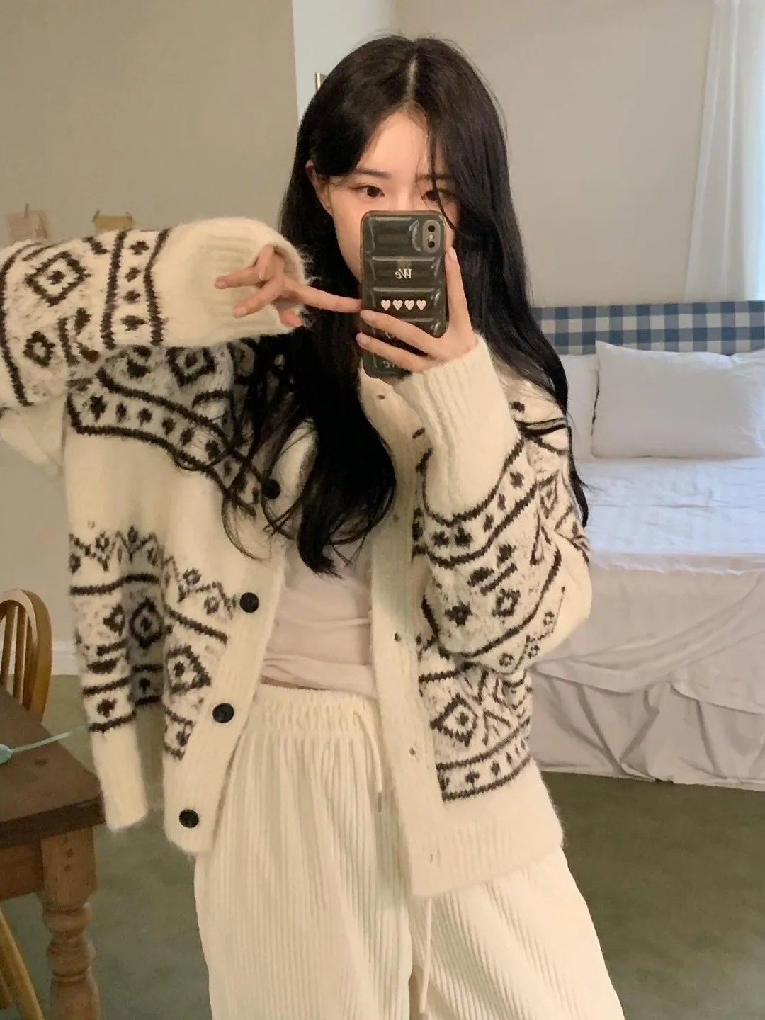

Soft Cozy Diamond Pattern Loose Women's Knitted Sweater round Ne Open Cardigan Faionable Retro Korean Sle Autumn Winter...