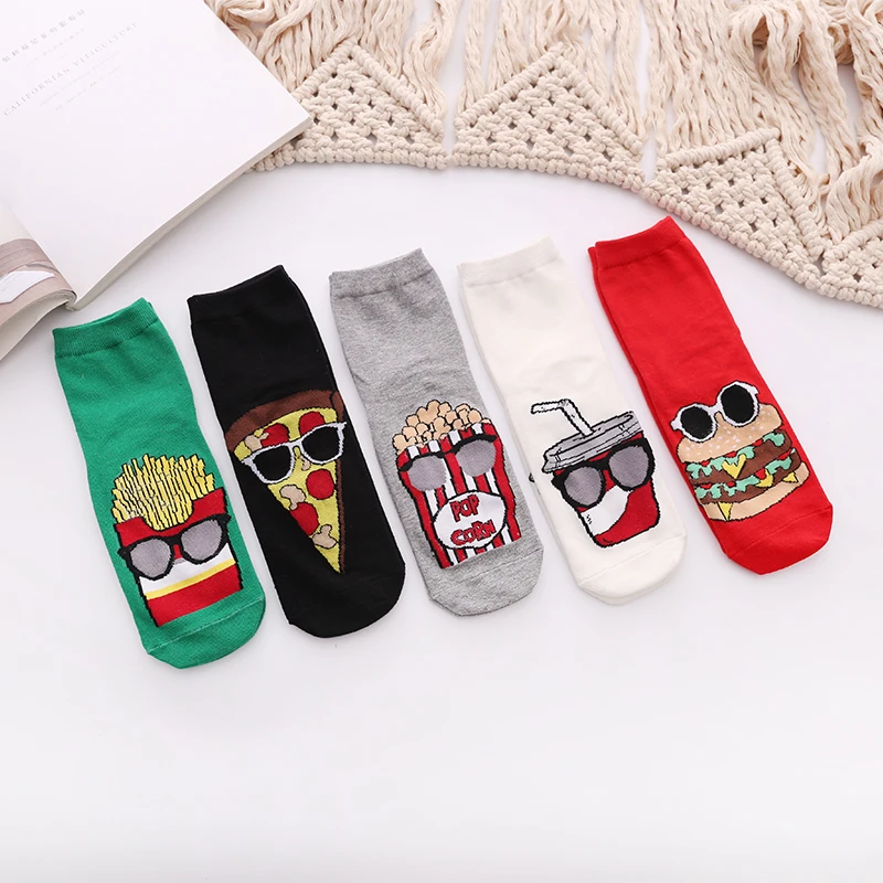 

5 пар женских носков средней длины, забавная пищевая тема, гамбургеры, дизайн картофеля фри, хлопковый материал на весну