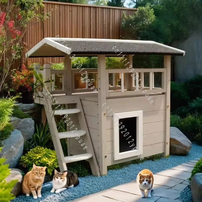 Double Layer Solid Wood Pet Shelter, Rainproof Sunproof Balcony Enclosure, Indoor & Outdoor Pet Rest Villa