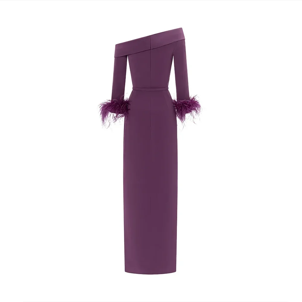 Vestido de noite roxo personalizado fora do ombro pena mangas compridas vestidos de noite para mulher 2025 coxa fenda vestido formal
