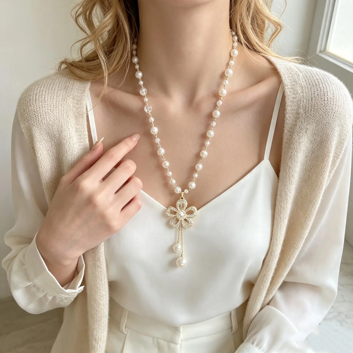 Elegante französische Strass-Perlenblumen-Halskette mit langer Kette für Damen und Herren, zarte florale Quasten-Choker-Schmuckstücke – Detail 9