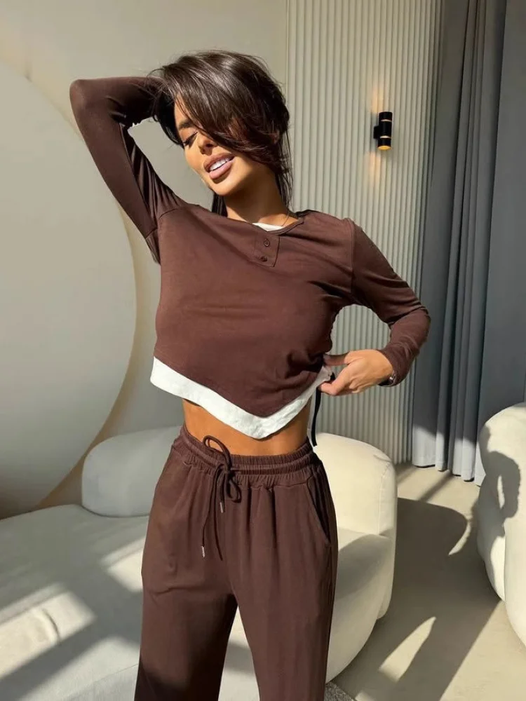 

Casual Ladies' Two-Piece Set Pure Color round Ne Long Sve Faionable Belted Top Long Pants Polyester Summer Outfit