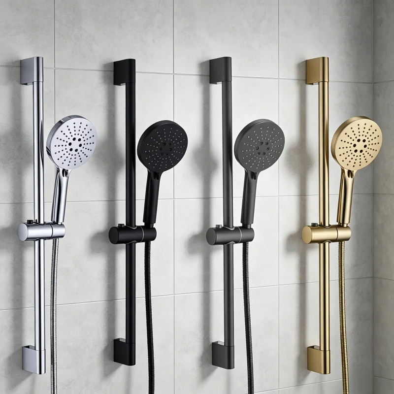 Wall Mounted Adjustable Slide Shower Bar Bathroom Shower Riser Sliding Bar Set with Hose and Shower Black Gold Minimalist Style