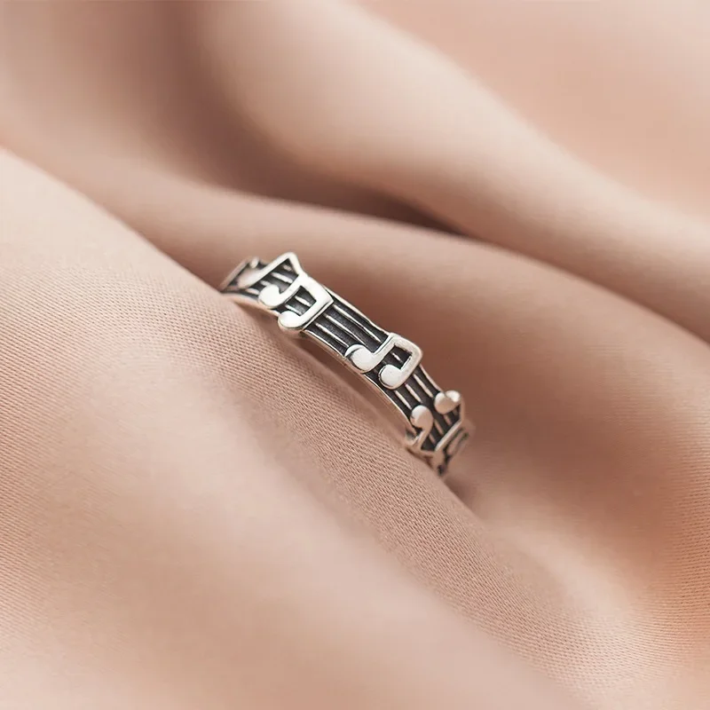 Vintage Thai Silver Note Five-line Music Score Ring for Women Girls Fashion Personality Party Accessories 2024 Trend New Jewelry