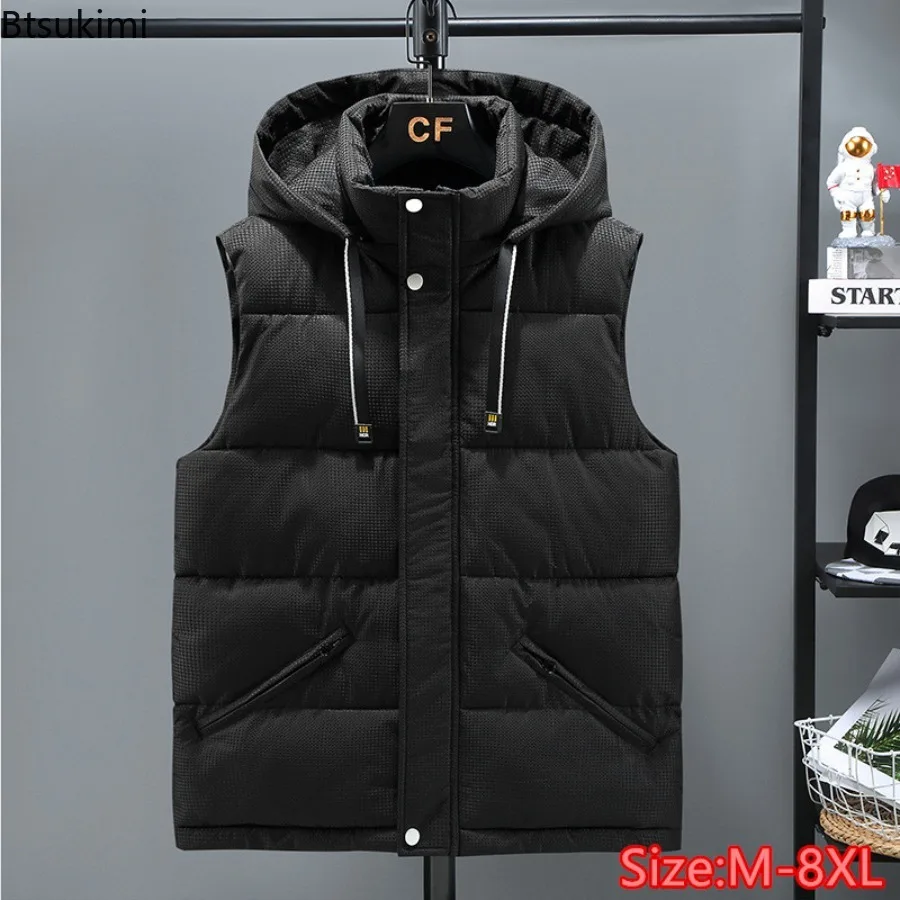 2024 Men's Down Cotton Vests Autumn Winter Sleeveless Jackets Fashion Hooded Thickened Warm Casual Outerwear Men Cargo Waistcoat