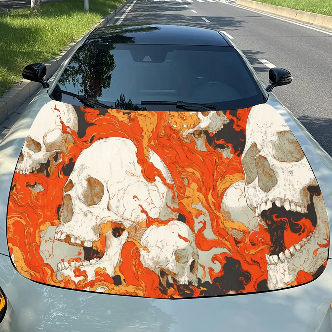 Dynamic Fiery Skull Car Hood Stickers - Self-Adhesive, Waterproof and Durable Vinyl Wrap, Decorate And Protect Your Car - The Gi