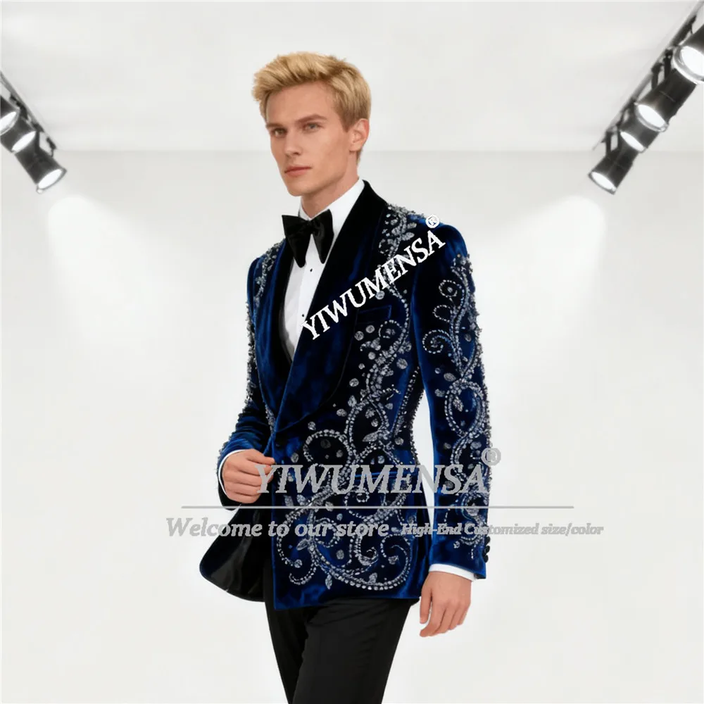 

Luxury Velvet Men Suits Customized Sparkly Rhinestone Crystal Groom Tuxedos 2 Pieces Male Party Prom Blazer Outfits Ropa Hombre