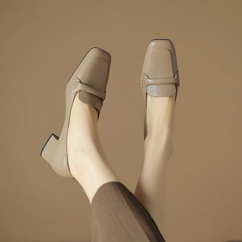 Women Pumps Shoes Genuine Leather 5m Heels Elegant Fashion Concise High Quality Lady Shoes Square Toe HIgh Thick Heel A130