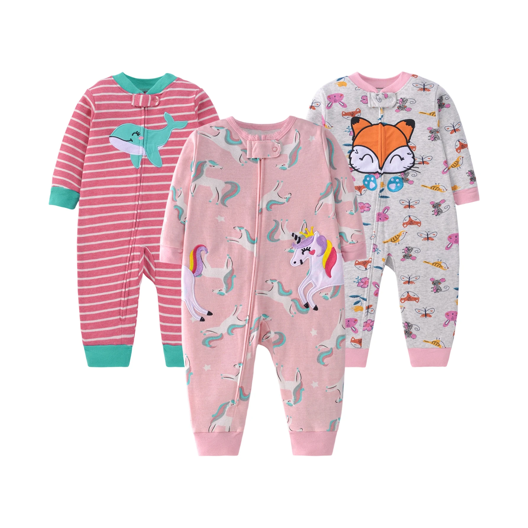 6-24 Monate Kleinkind Mädchen Doppelseitiger Baumwoll-Reißverschluss-Strampler Gestreifter Cartoon-Druck Tier-Stickerei Overall Ganzjahres-Babykleidung