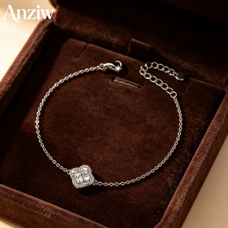 Anziw 3mm Round Cut D Color Moissanite Lucky Clover Flower Bracelet for Women 14K Gold Filled Bracelet Fine Jewelry Wedding Gift