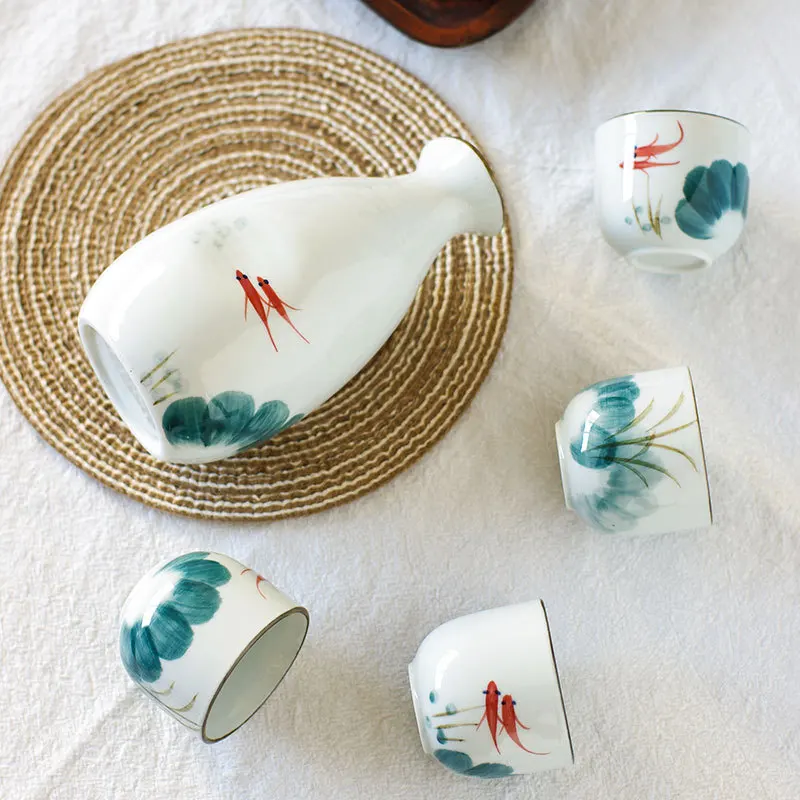 Ceramic Sake Set Goldfish Lotus Design Wine Cup Korean Soju Glasses Porcelain Saki Pot Cup (1 Pot + 4 Cups) Dishwasher Safe