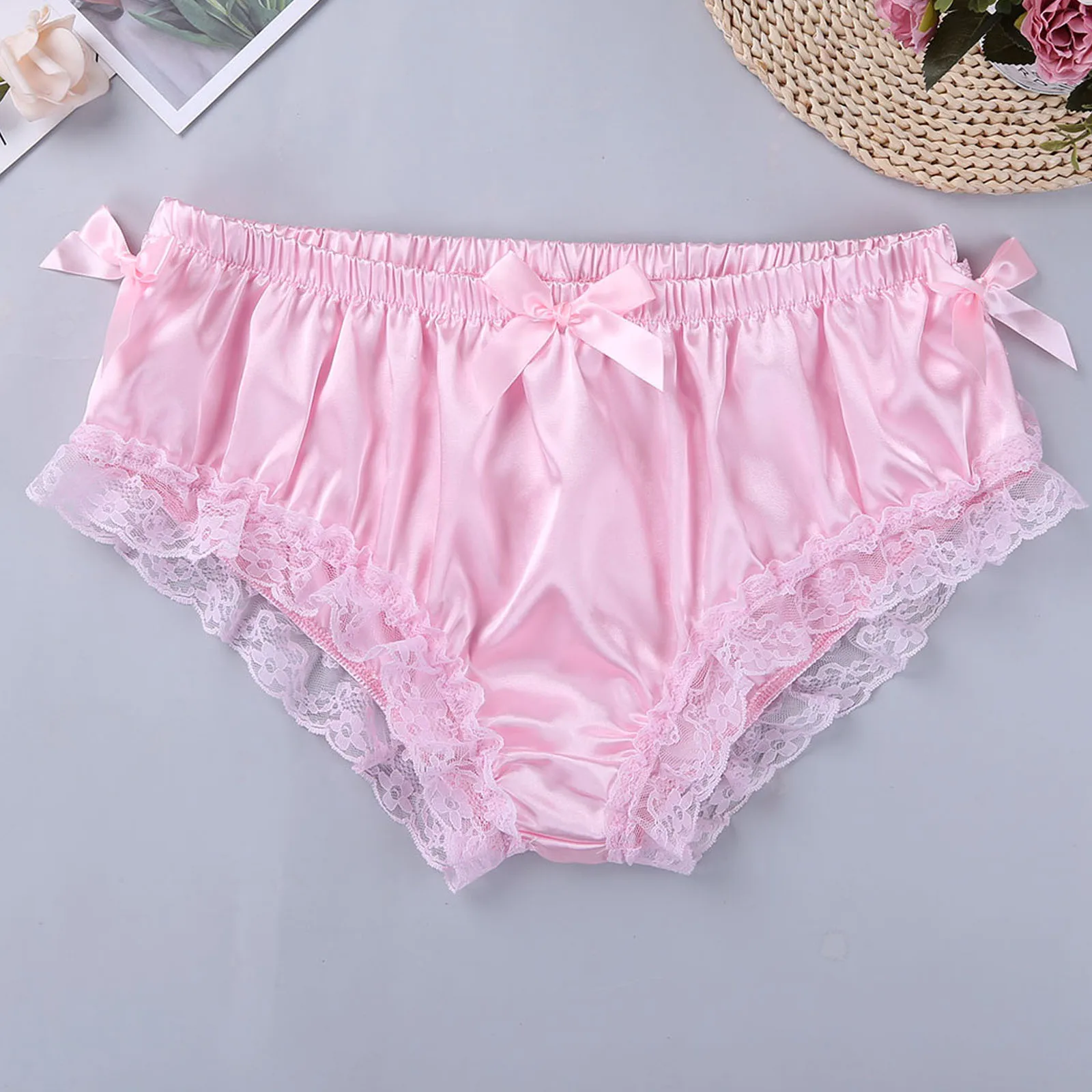 Mens Sissy Ruffled Lace Bikini Briefs Lingerie Shiny Satin Lolita Frilly Thong Underpants Underwear Gay Male Crossdress Panties