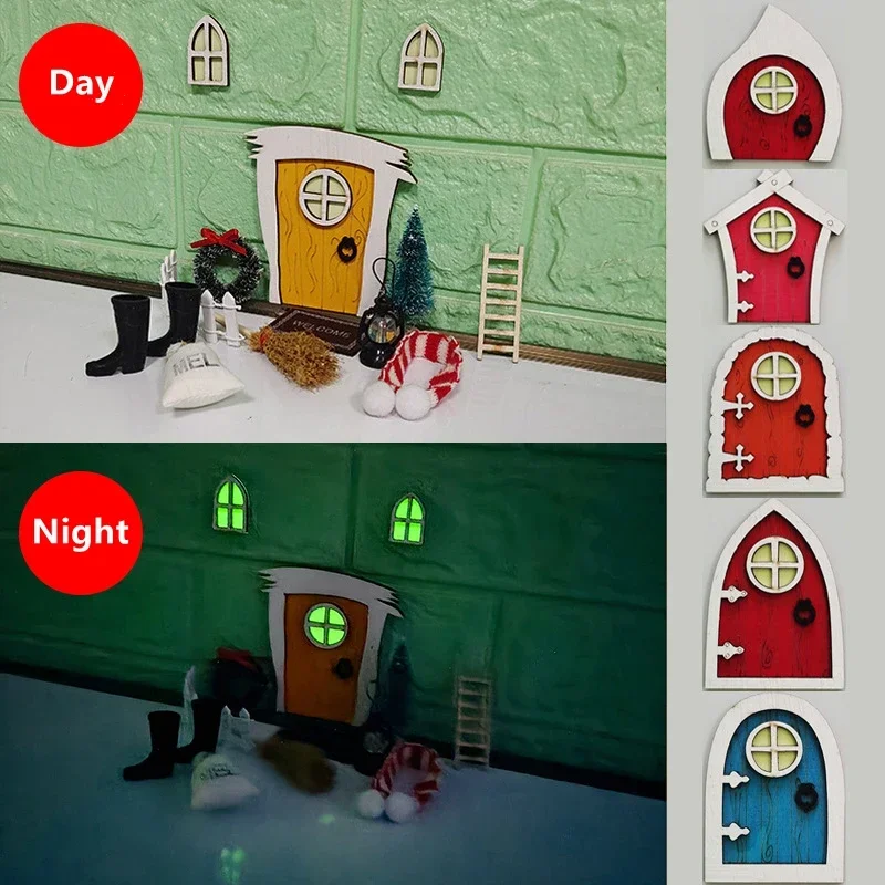 Doll House Elf Door Set Christmas Decor Fake Light String Hat Wreath Mini Tree Gift Boxes Fairy Toy House Miniature Scene Model