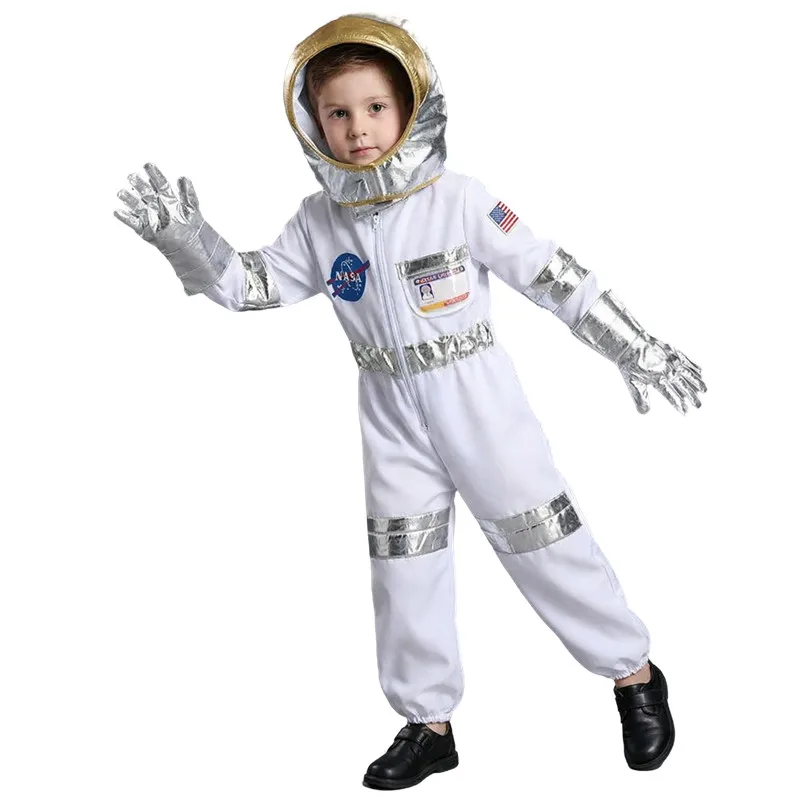 Kids Astronaut Suit Space Costume Halloween Cosplay Party Outfit for Boys Girls School Performance Wear with Hat and Gloves