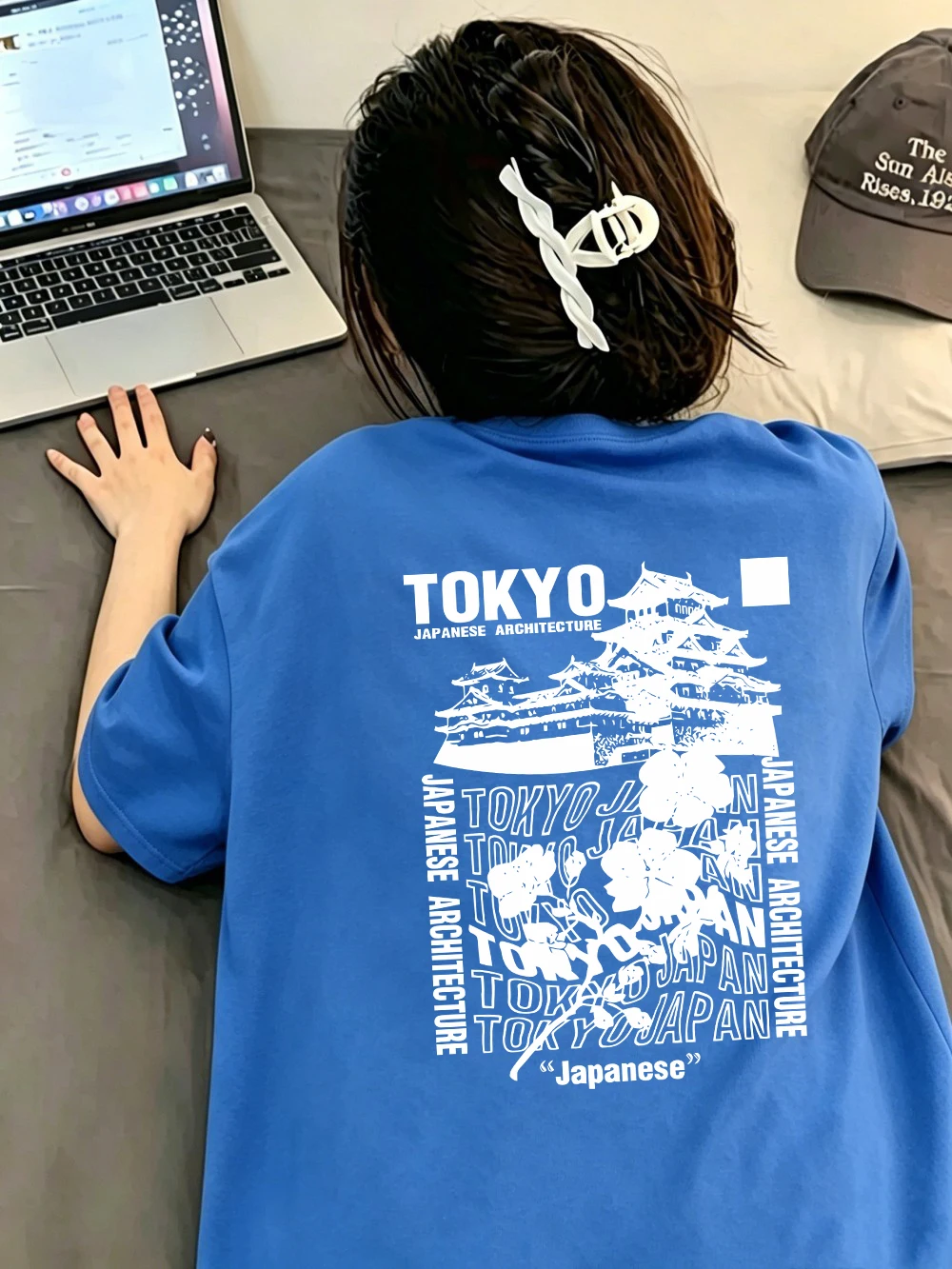 100% Cotton Womens T-Shirts Summer Japanese Tokyo Sakura Prints Short Sleeve Soft Loose O-Neck Tops All-Match Womans Clothes