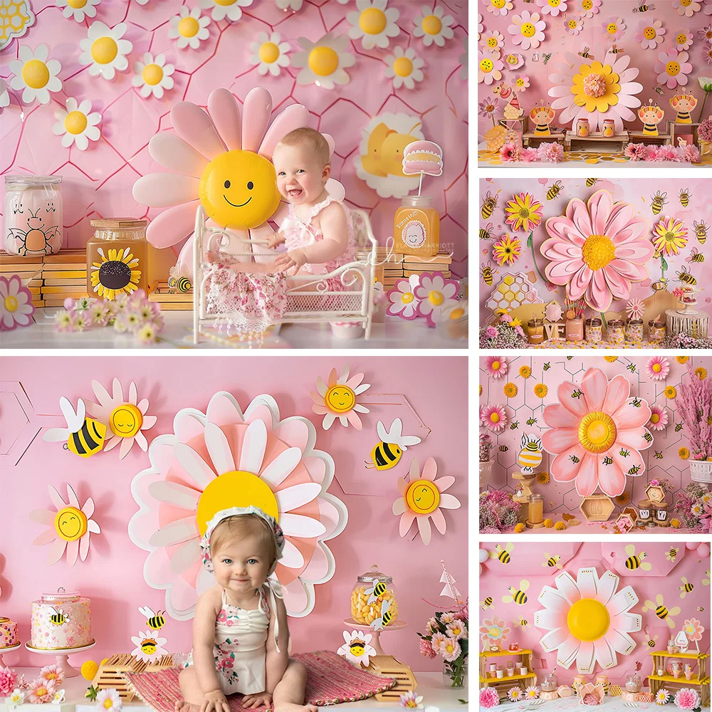 

Daisy Girl 1st Birthday Cake Smash Background Photography for Studio Bee Honey Pink Photozone Backdrop Wall Kids Birthday Party