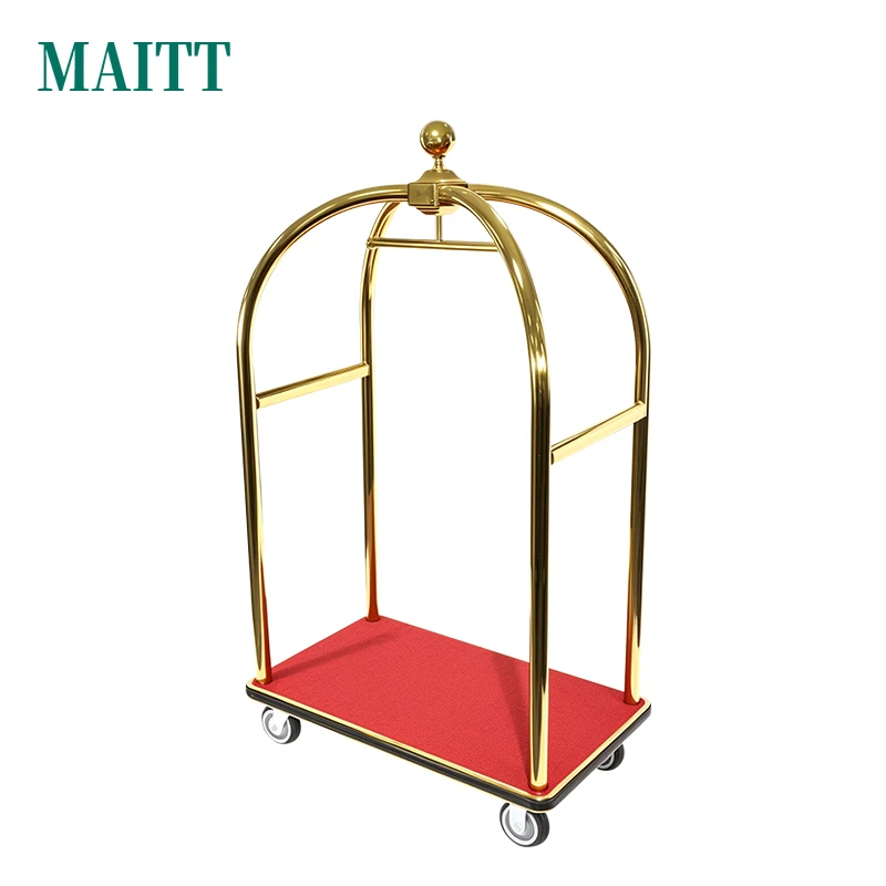 

Customized Wholesale Hotel Lobby Luggage Cart, Gold-topped Handcart, Airport Luggage Transportation