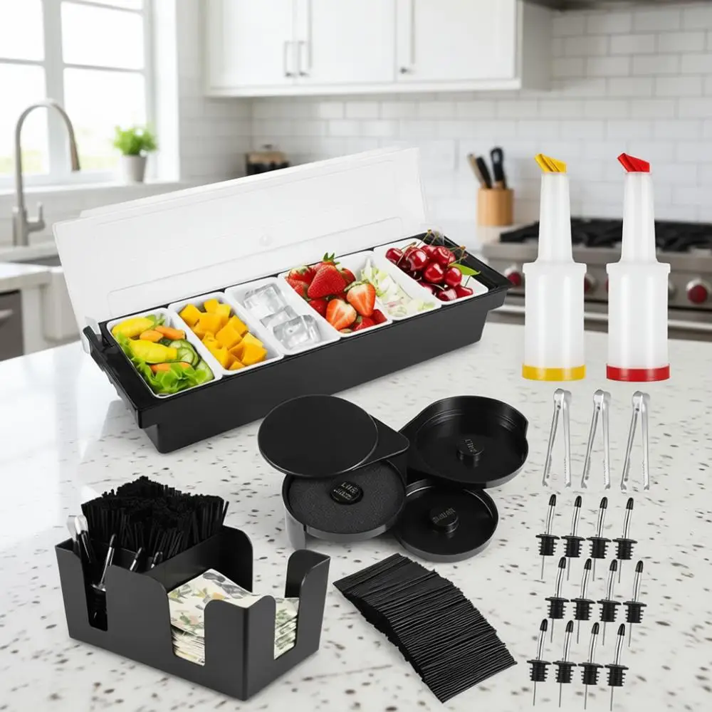 

Garnish Tray with Lid - 6-Grid Fruit Container, 3-Tier Bar Rimmers, 12 Stainless Steel Bottle Pourers, 2 Plastic Juice Pour Bott